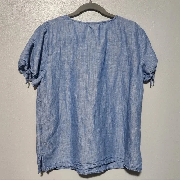 TALBOTS S/S Linen Blend Floral Embroidered Tie Sleeve Chambray Blouse SZ… - Picture 2 of 7